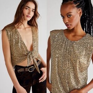 Free People Sequin Open Back Tie Top Gold Metallic Sleeveless XL New Year’s Eve